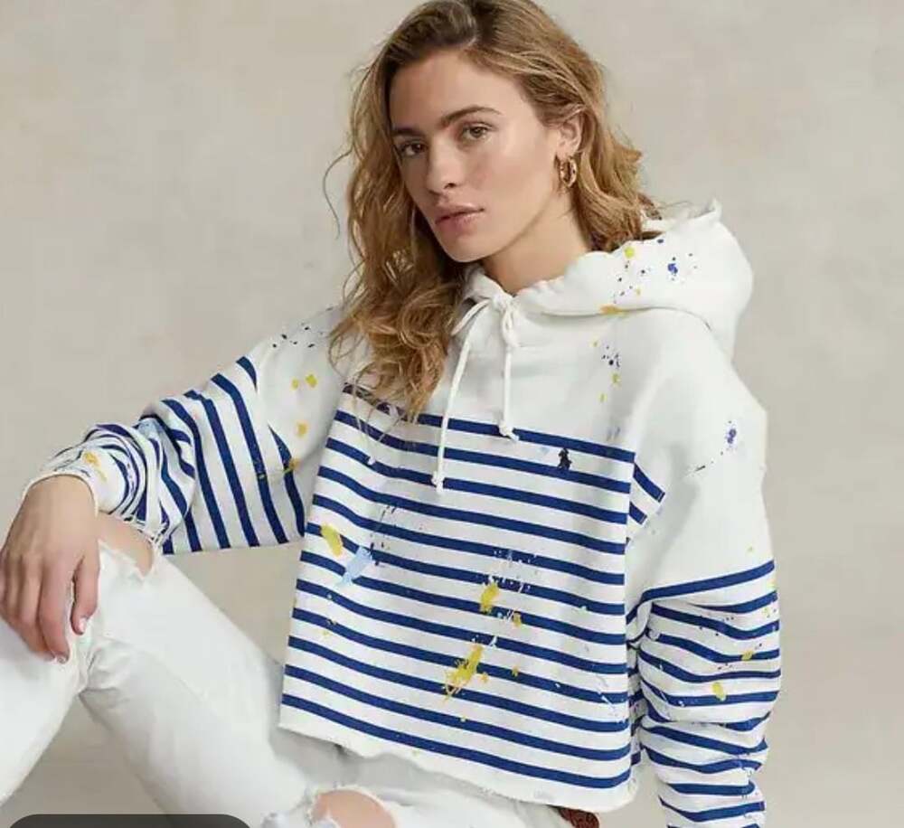 Polo Ralph Lauren Paint-Splatter Striped Cropped Hoodie White small